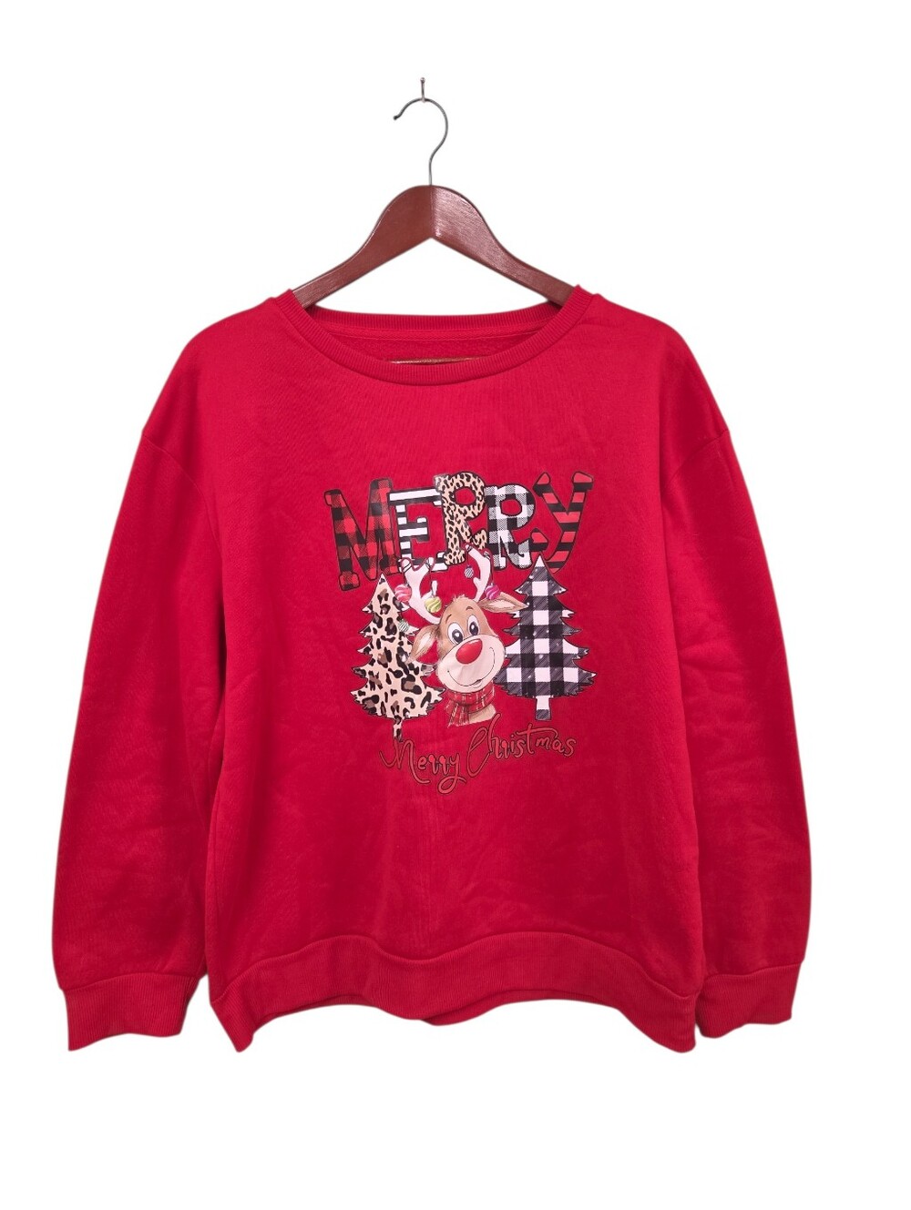 Shein New Merry Christmas Deer Red Sweatshirt Womens Size Large Festive Holiday‎